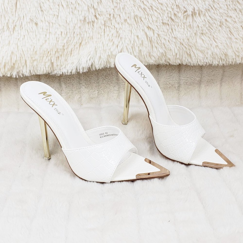 White Slip On Pointy Toe High Heel Mule